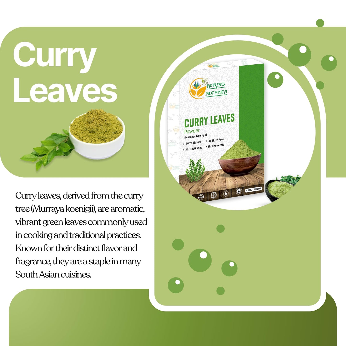 Herbs Botanica Curry Leaf Powder 5.3 oz - 100% Natural, Promotes Hair Growth, Thicker Hair, No Chemicals