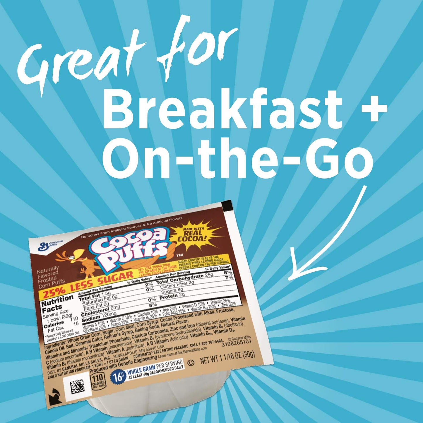 Cocoa Puffs 25% Less Sugar Bowlpak Cereal  1.06 Oz (Pack of 96)