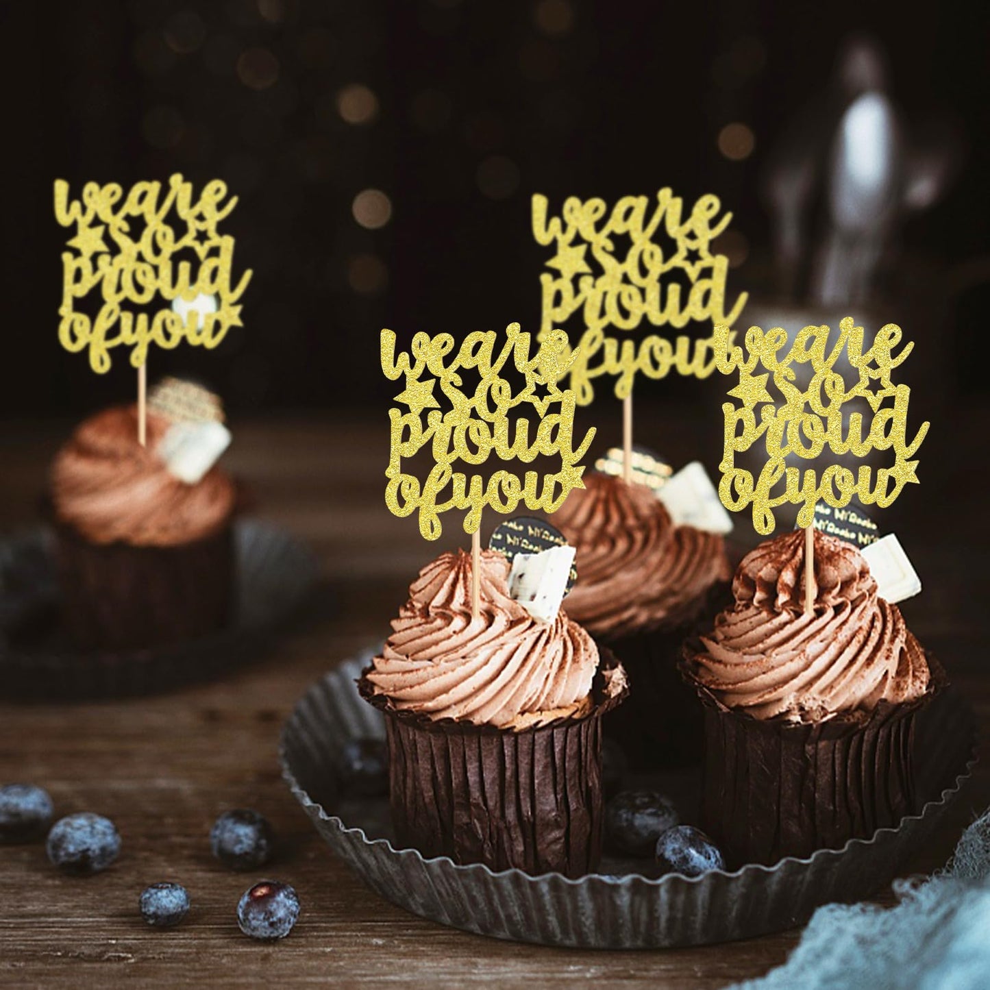 Keaziu 24 Pack Graduation Cupcake Toppers, Proud Gold Paper Picks for 2025 Graduation Theme Party Decorations