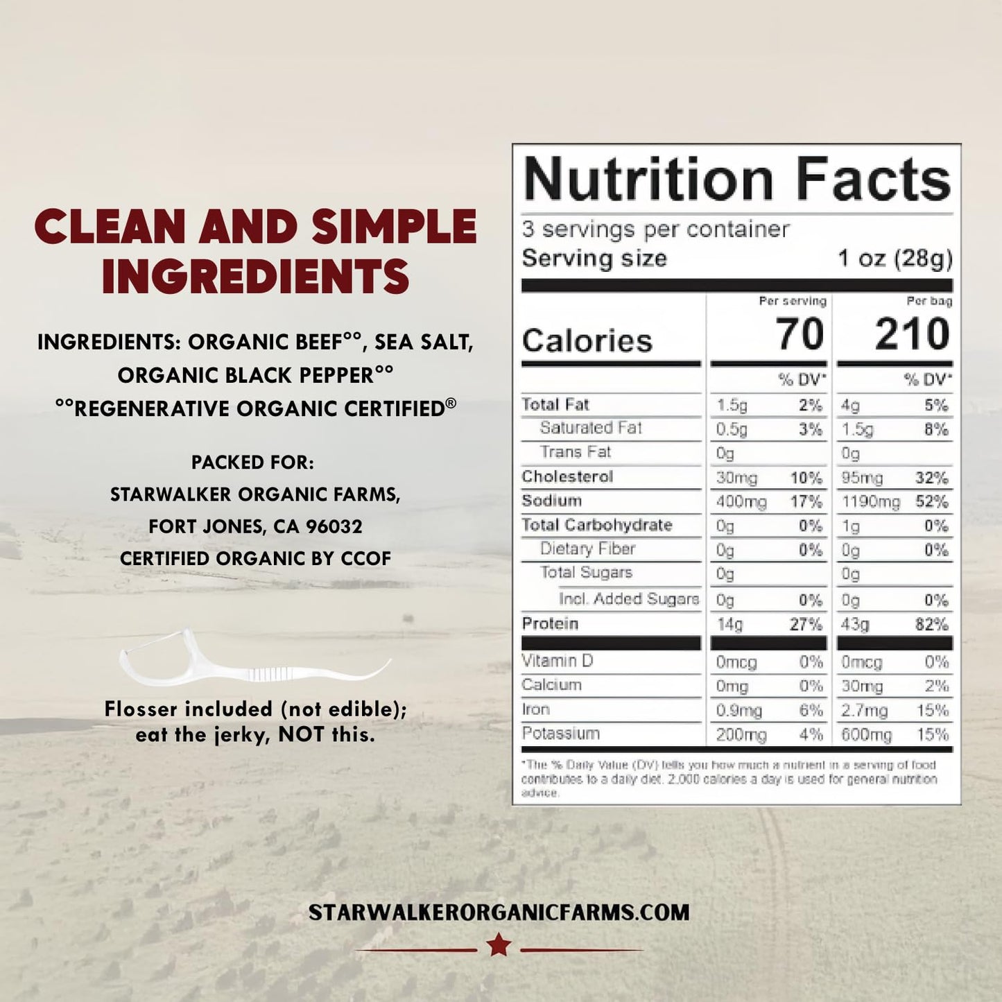 StarWalker Organic Farms Simply Salt and Pepper Beef Jerky - Organic, Regenerative Organic Certified, 42g Protein, No Nitrates,