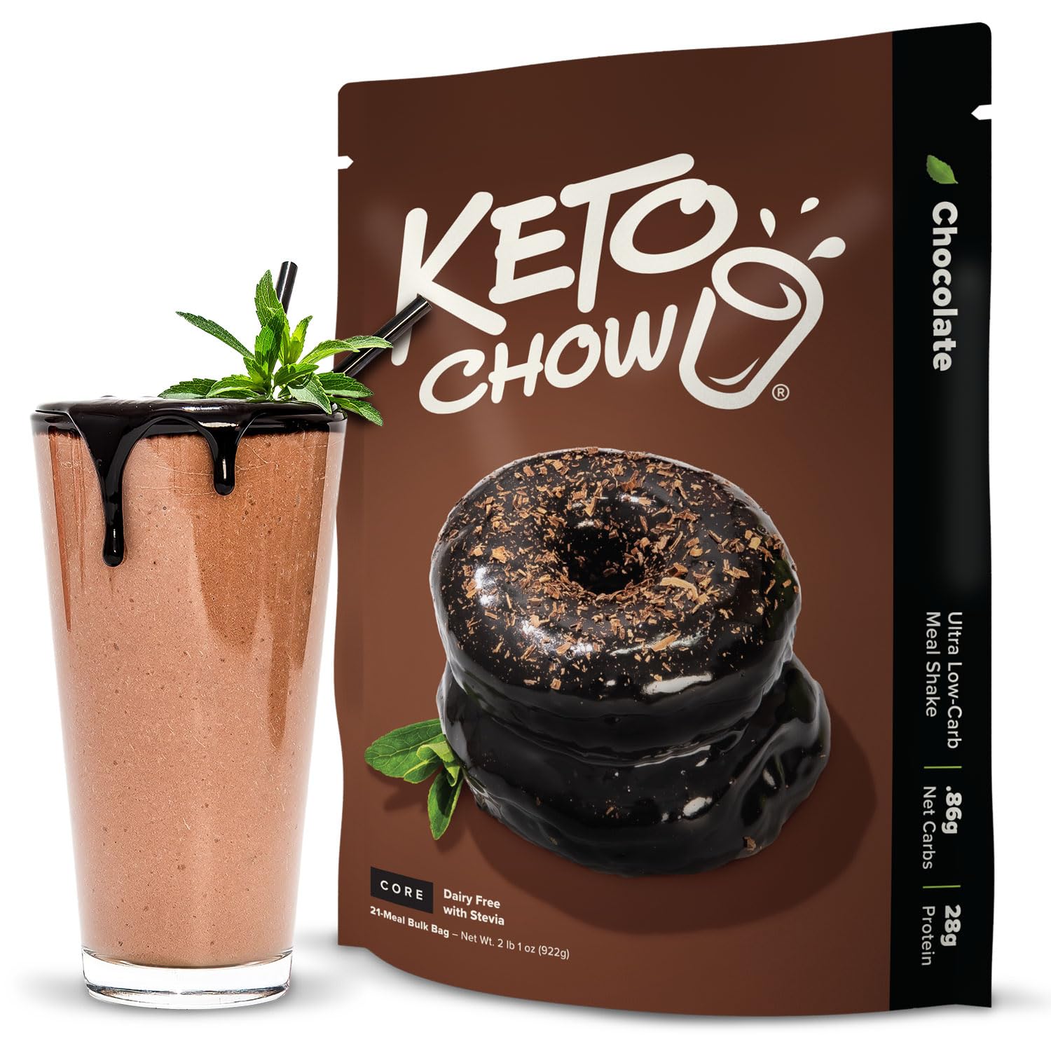 Keto Chow Chocolate Core Keto Meal Replacement Shake Powder, Dairy Free, 33 Ounce Pack