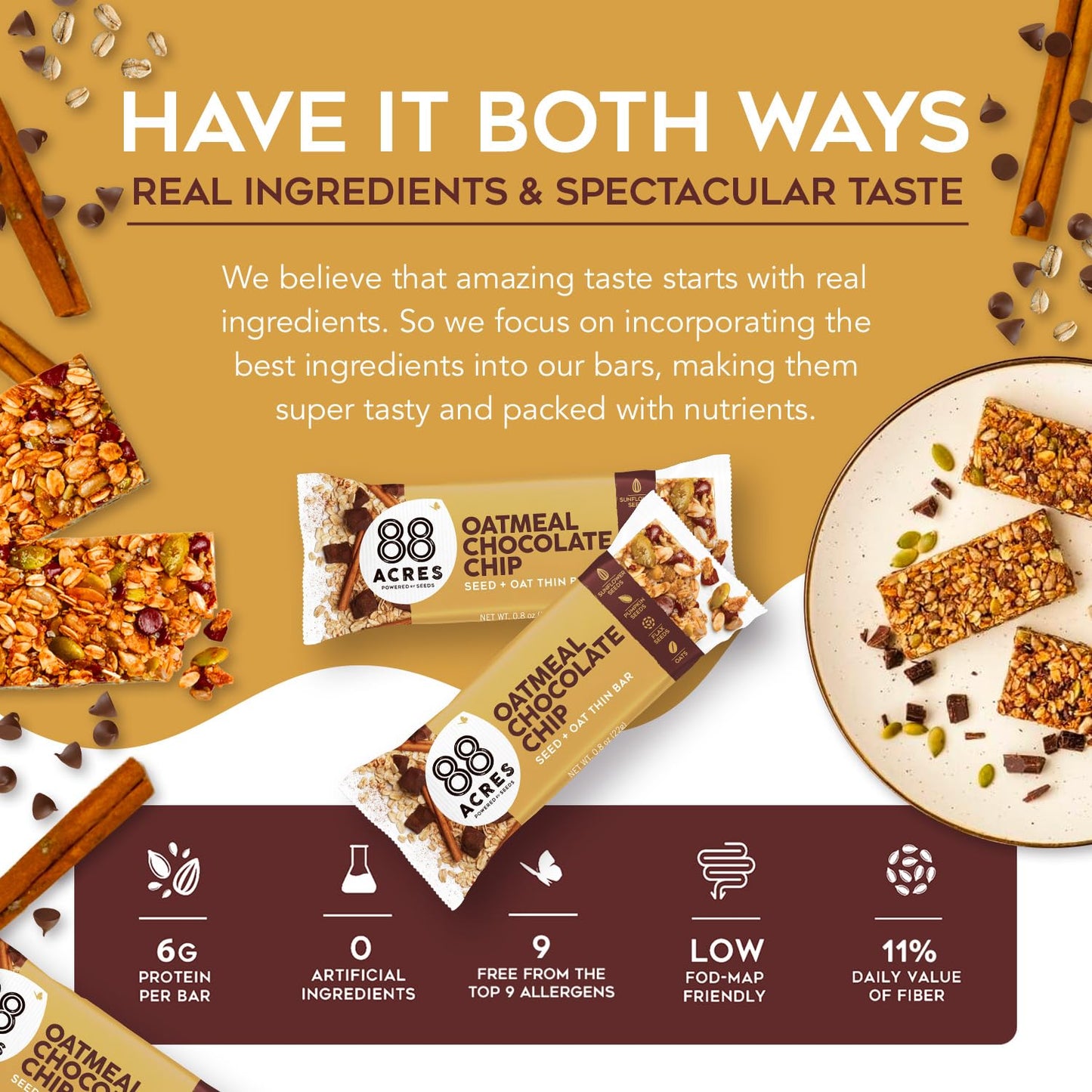 88 Acres Oatmeal Chocolate Chip Bar, 1.6 OZ, 1 Count, Non-GMO, Vegan Snack