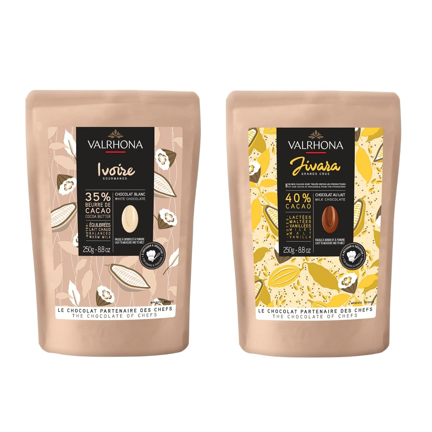 Valrhona Top-Grade Baking Chocolate Discs (Feves)  Creamy Jivara 40% W/Hints Of Vanilla And Malt  And Milk Chocolate Ivoire 35% W/Hints Of Vanilla & Warm Milk  For Cookies  Cakes  And More