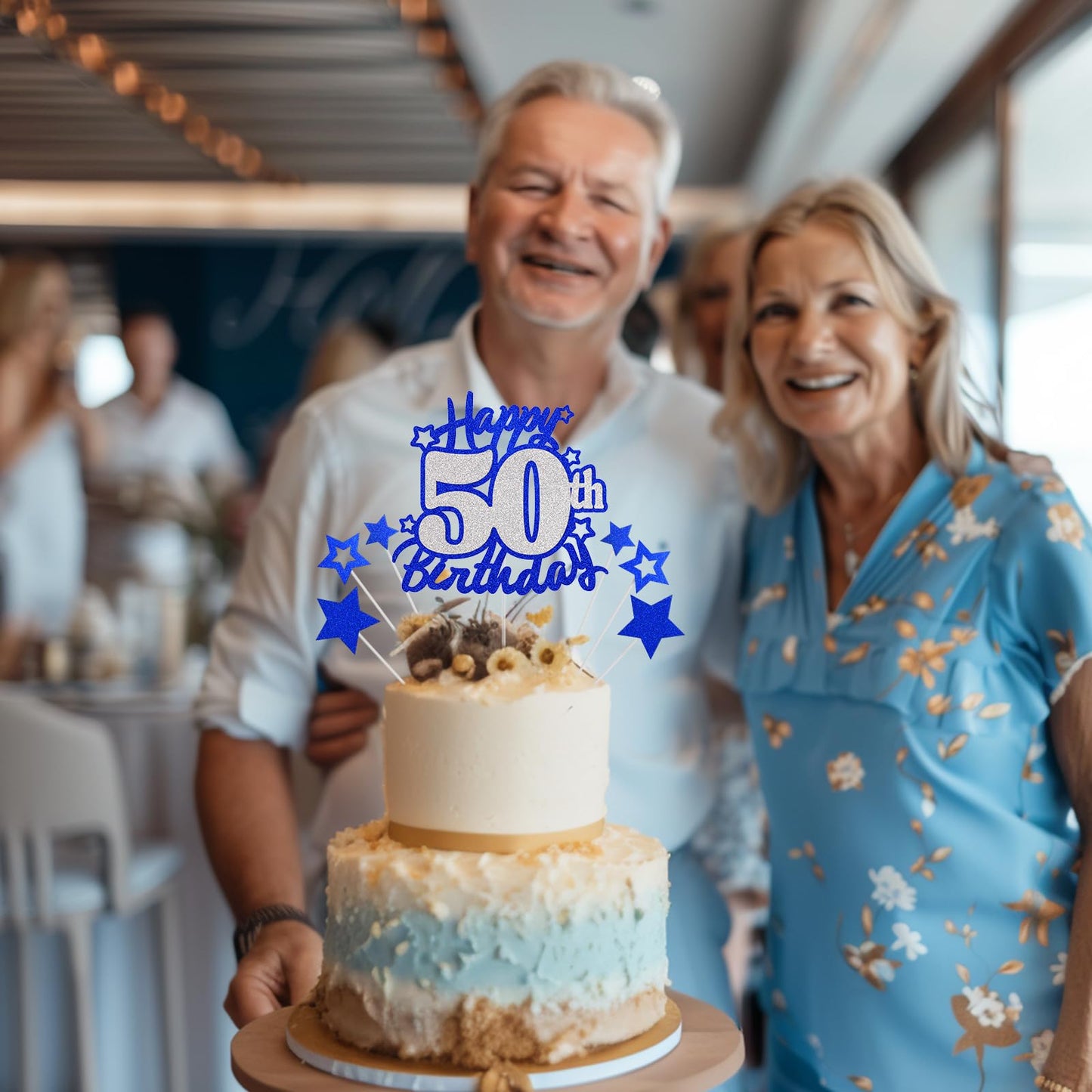 Happy 50Th Birthday Cake Topper, Blue And Silver Glitter Cake Toppers, 50 Year Birthday Party Cake Decoration