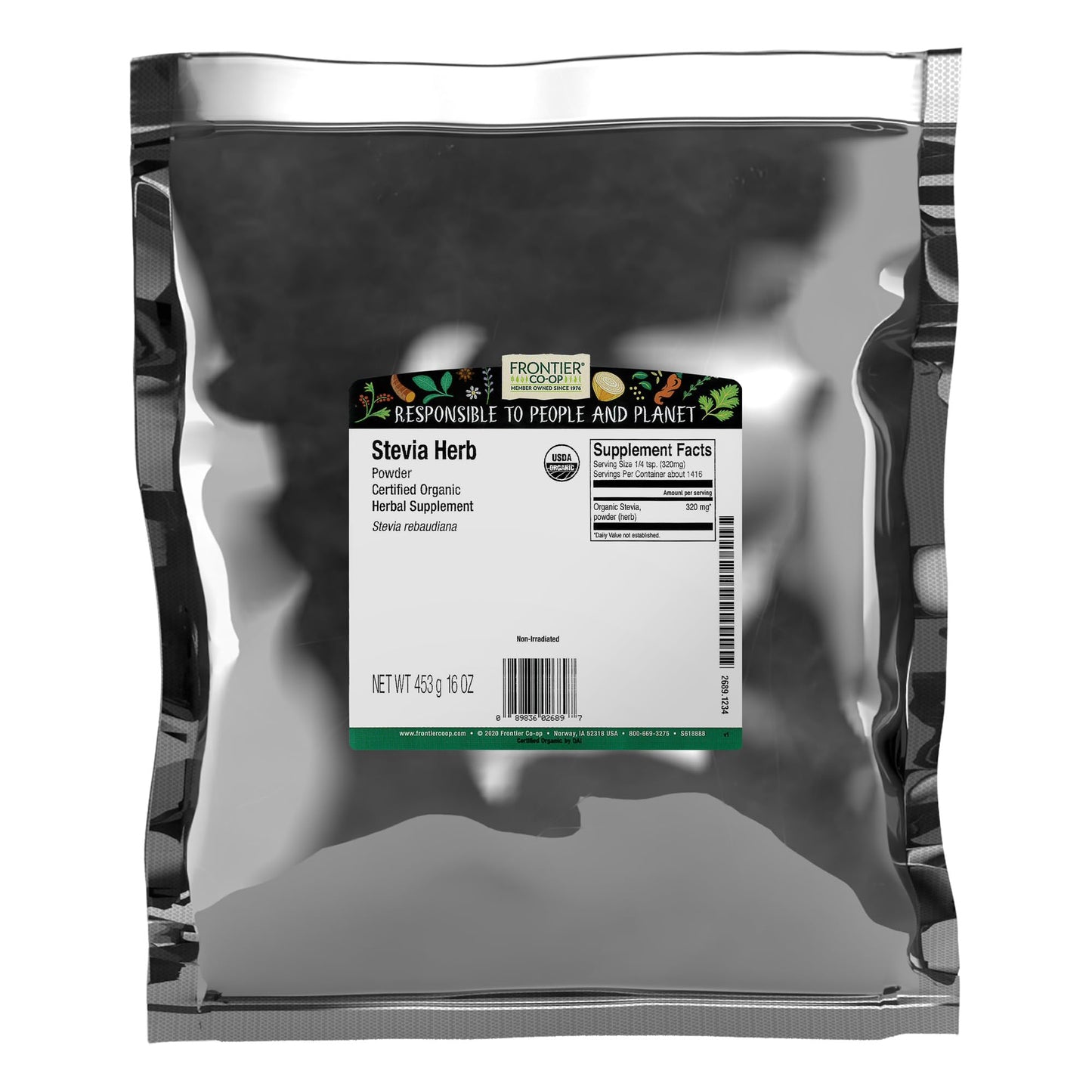 Frontier Co-op Stevia Herb Powder, 1lb Bulk Bag, Certified Organic | 100% Pure Stevia Powder | Ideal for Baking, Coffee, and Tea | No Fillers, Kosher