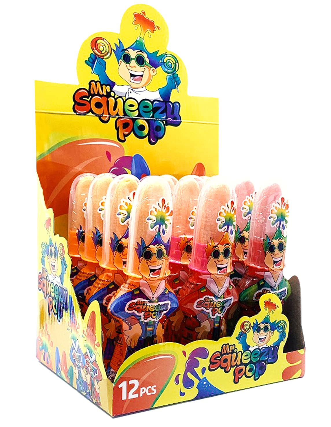 Happiness Usa 12 Pieces Mr. Squeezy Pop Squeeze N Lick Sour Candy & Lollipop - Strawberry, Apple, And Blue Raspberry Flavors - K