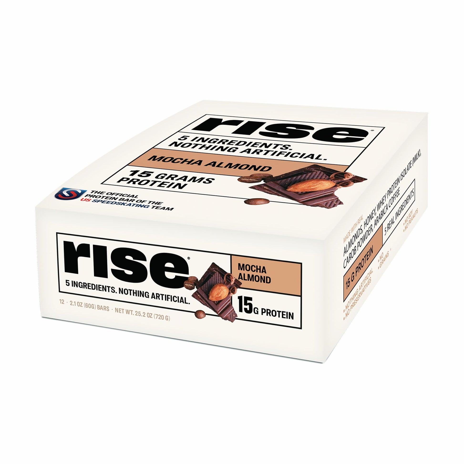 Rise Whey Protein Bars - Mocha Almond, 15g Protein, 4g Fiber, Gluten-Free, 12 Count, Model RBA37228, Brown