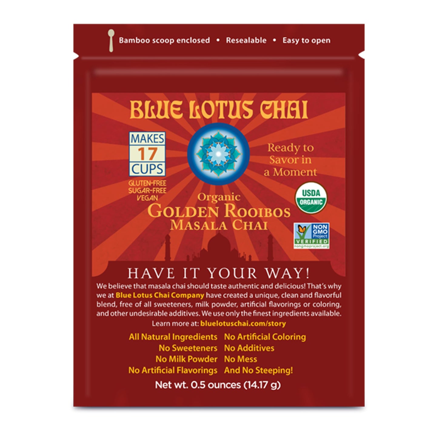 Blue Lotus Chai - Golden Rooibos Flavor Masala Chai - Makes 17 Cups - 0.5 Ounce Masala Spiced Chai Powder with Organic Spices - 