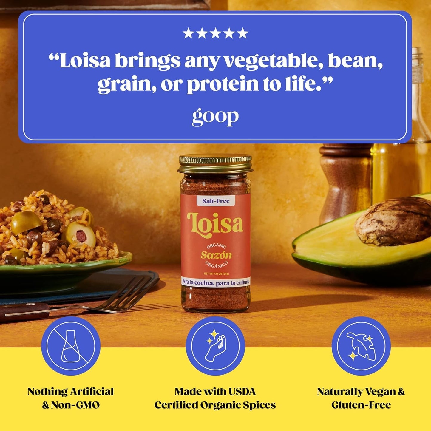 Loisa Seasoning, Usda Organic, Non-Gmo, No-Msg, No Preservatives, No Artificial Coloring, No Artificial Flavors, 2.9Oz (Salt-Fre