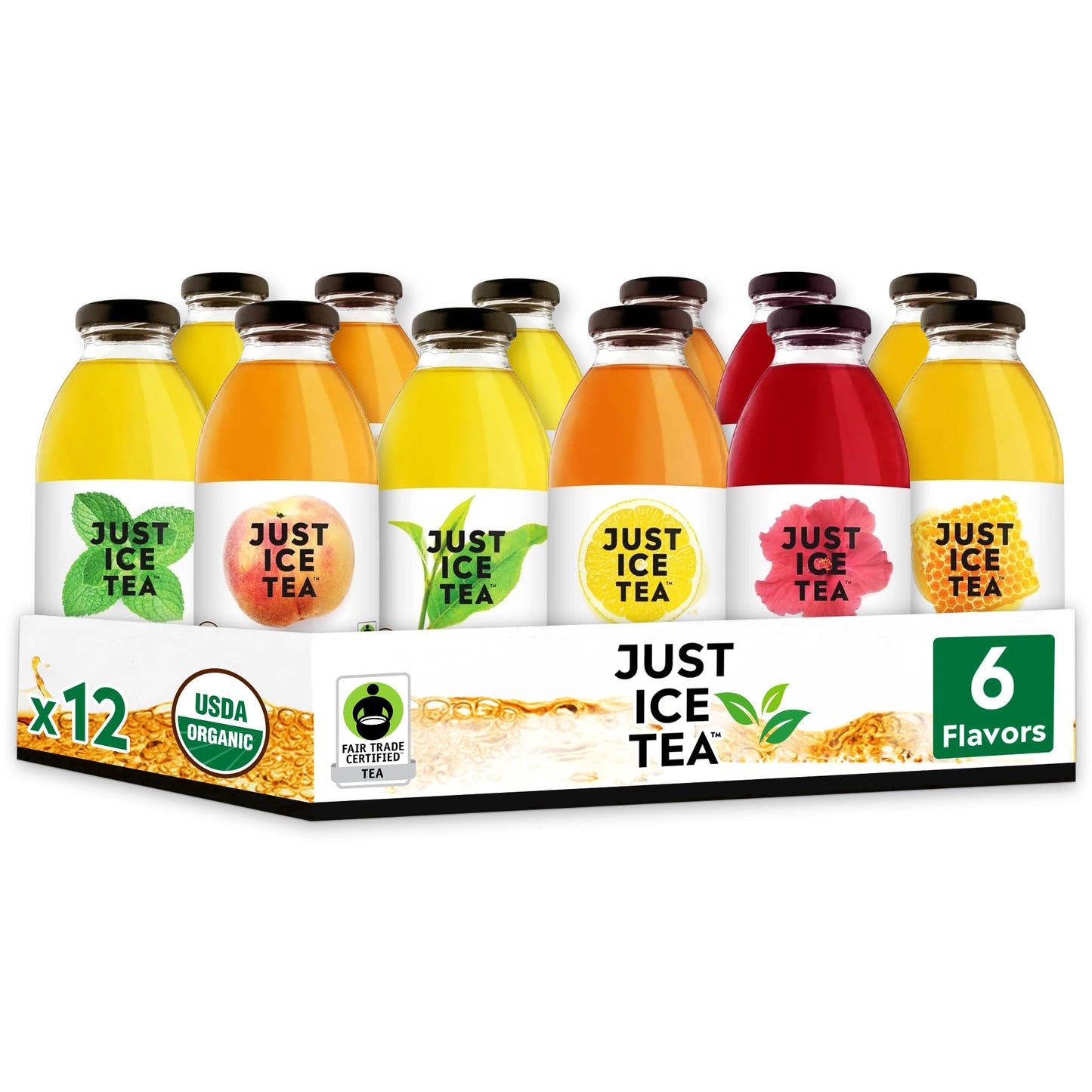 Just Ice Tea Organic Iced Tea Variety Pack, 16 Fl Oz Glass Bottles, 6 Flavors, Pack of 12