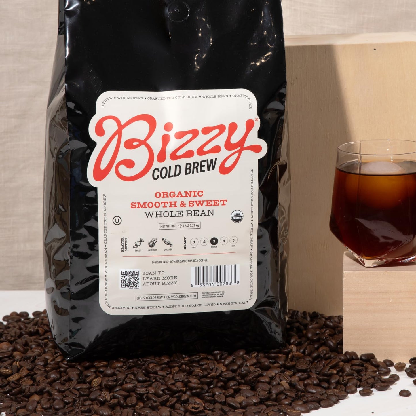 Bizzy Organic Cold Brew Coffee, Smooth & Sweet Blend, Whole Bean, Medium Roast, 80 Oz, 100% Arabica, Model S-6301-SAS-B2C