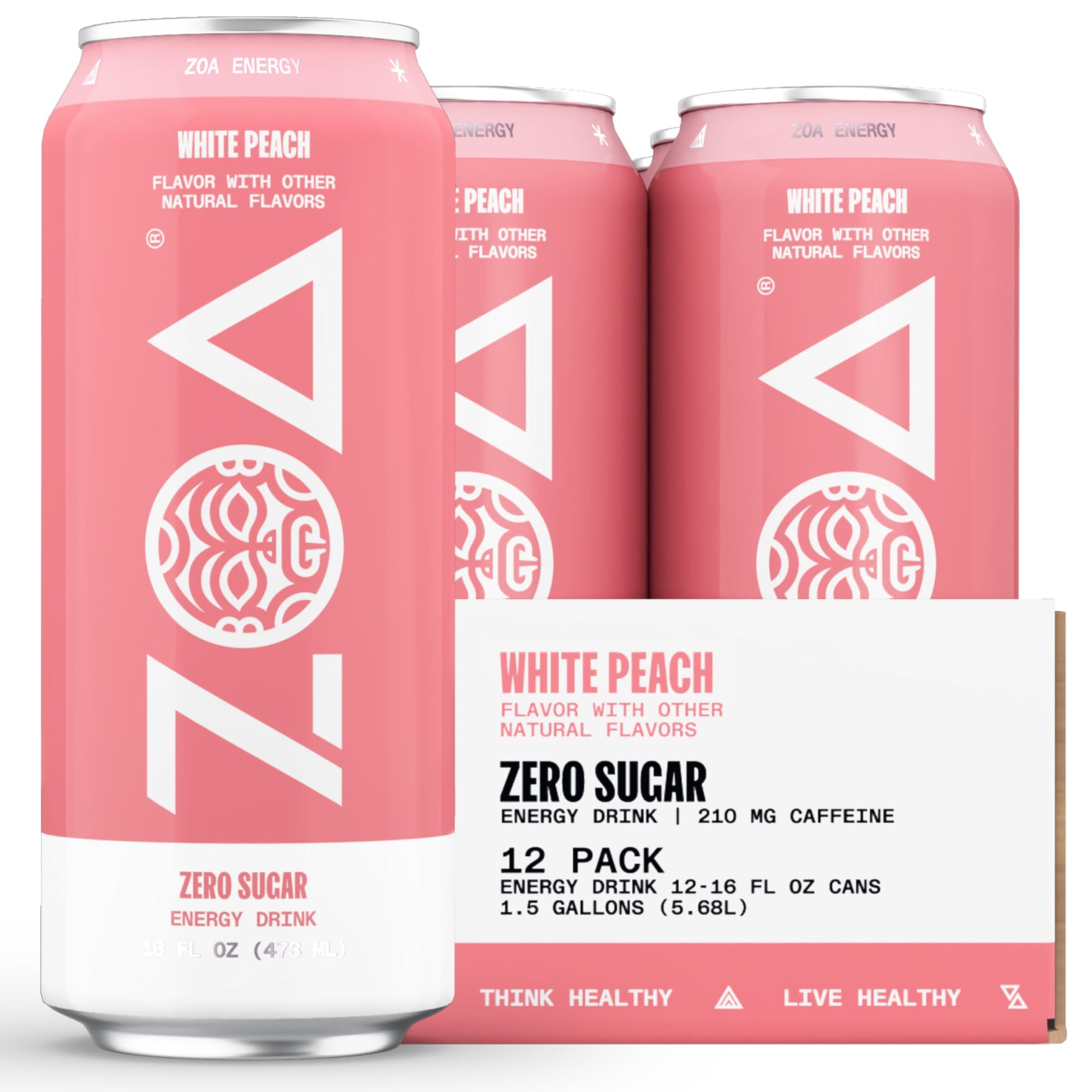 ZOA Zero Sugar Energy Drink - Healthy Formula with Vitamins and Antioxidants - White Peach - 16 Fl Oz (Pack of 12)