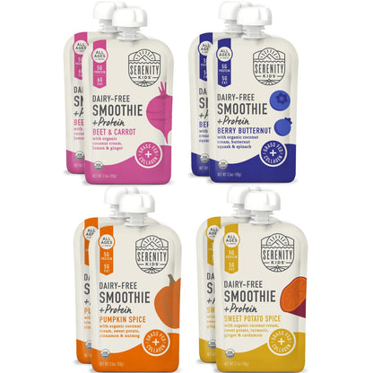 Serenity Kids 6+ Months Dairy-Free Smoothie Baby Food - USDA Organic Grass-Fed Collagen Protein - 3.5 Oz BPA-Free Pouches - Vari