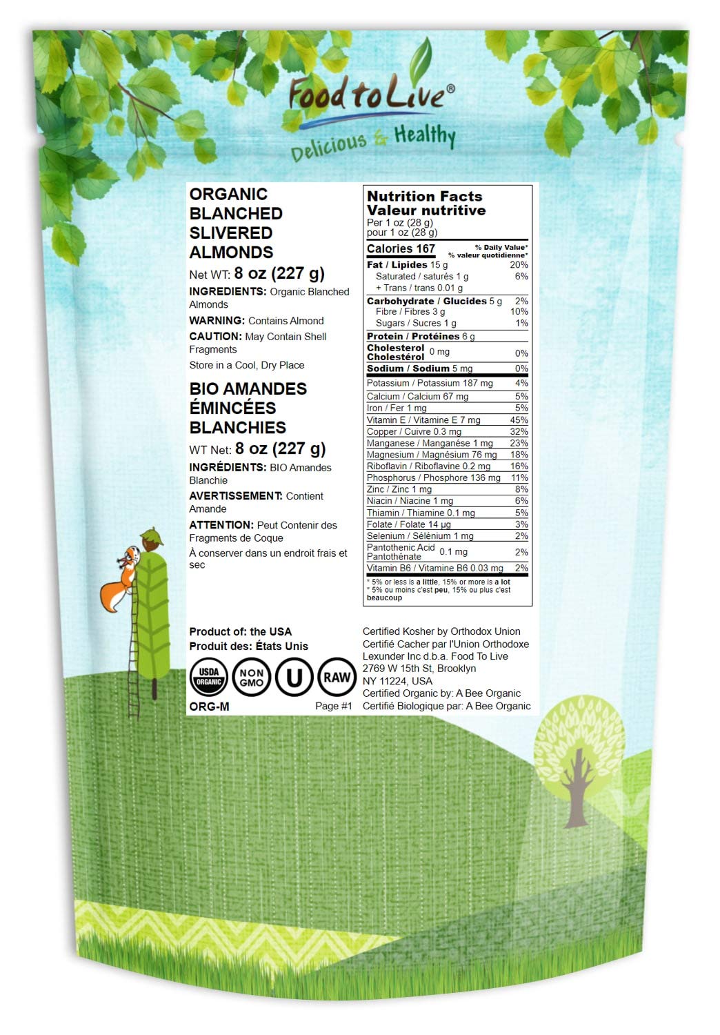 Organic Blanched Slivered Almonds, 8 Ounces - Non-GMO, Raw, Unpasteurized, Unsalted, Vegan, Keto, Paleo, Kosher, Bulk, High in P