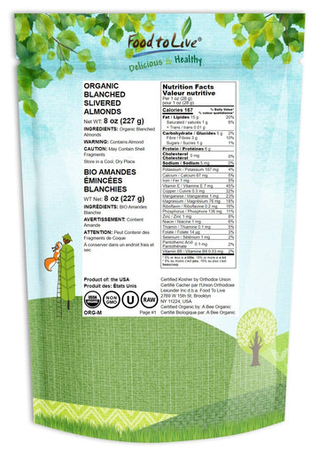 Organic Blanched Slivered Almonds, 8 Ounces - Non-GMO, Raw, Unpasteurized, Unsalted, Vegan, Keto, Paleo, Kosher, Bulk, High in P