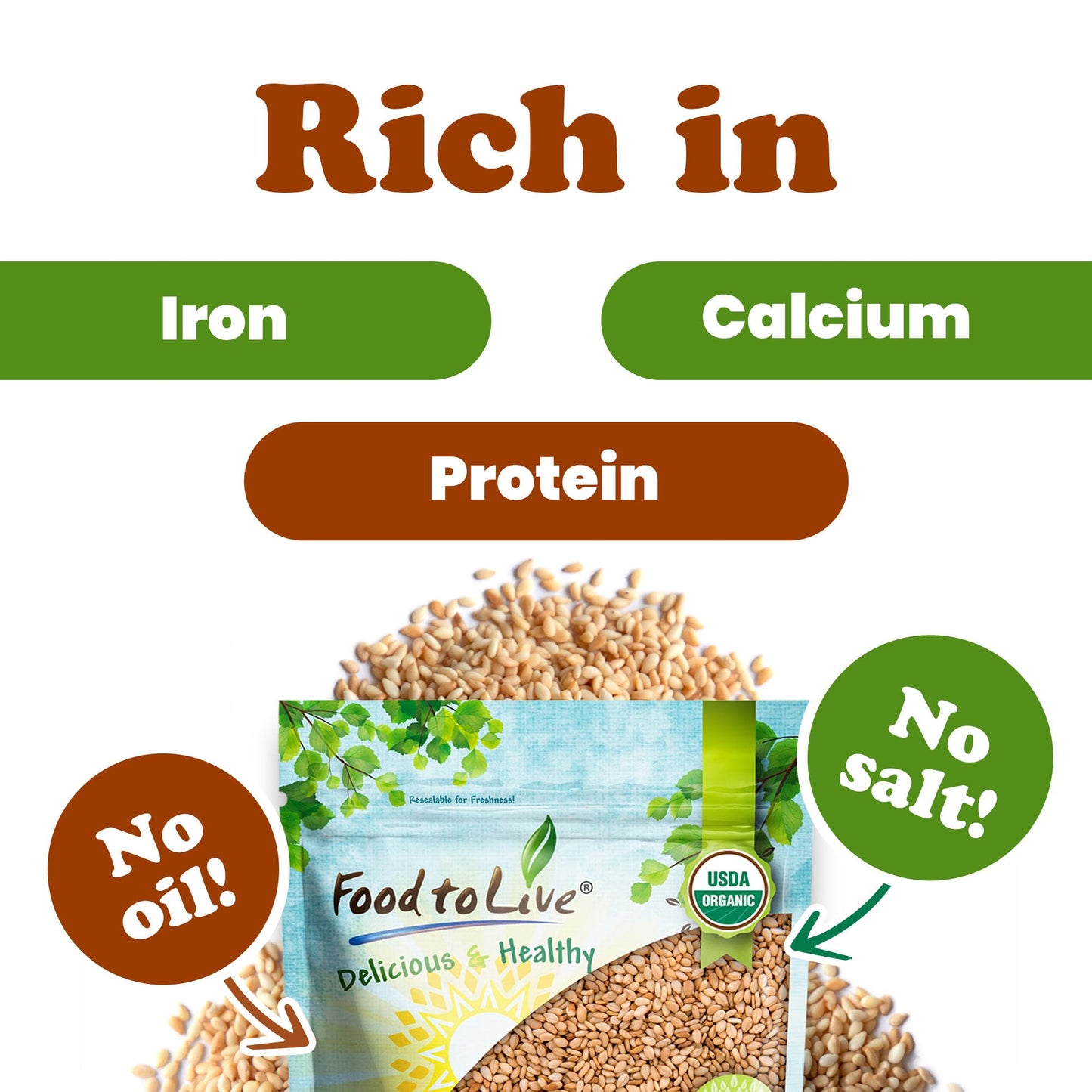 Food to Live Organic Toasted Hulled Sesame Seeds, 8 Ounces - Crunchy and Nutritious Snack, Oven Roasted, Unsalted, No Oil Added,