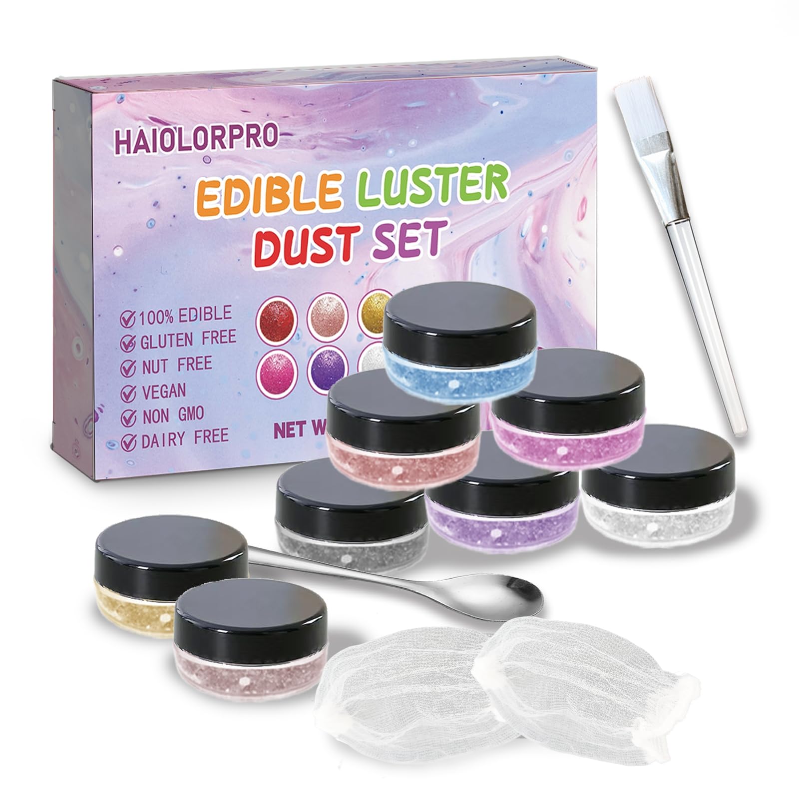 HAIOLORPRO Edible Glitter for Cakes & Drinks, 8 Colors Luster Dust, 3g/Bottle