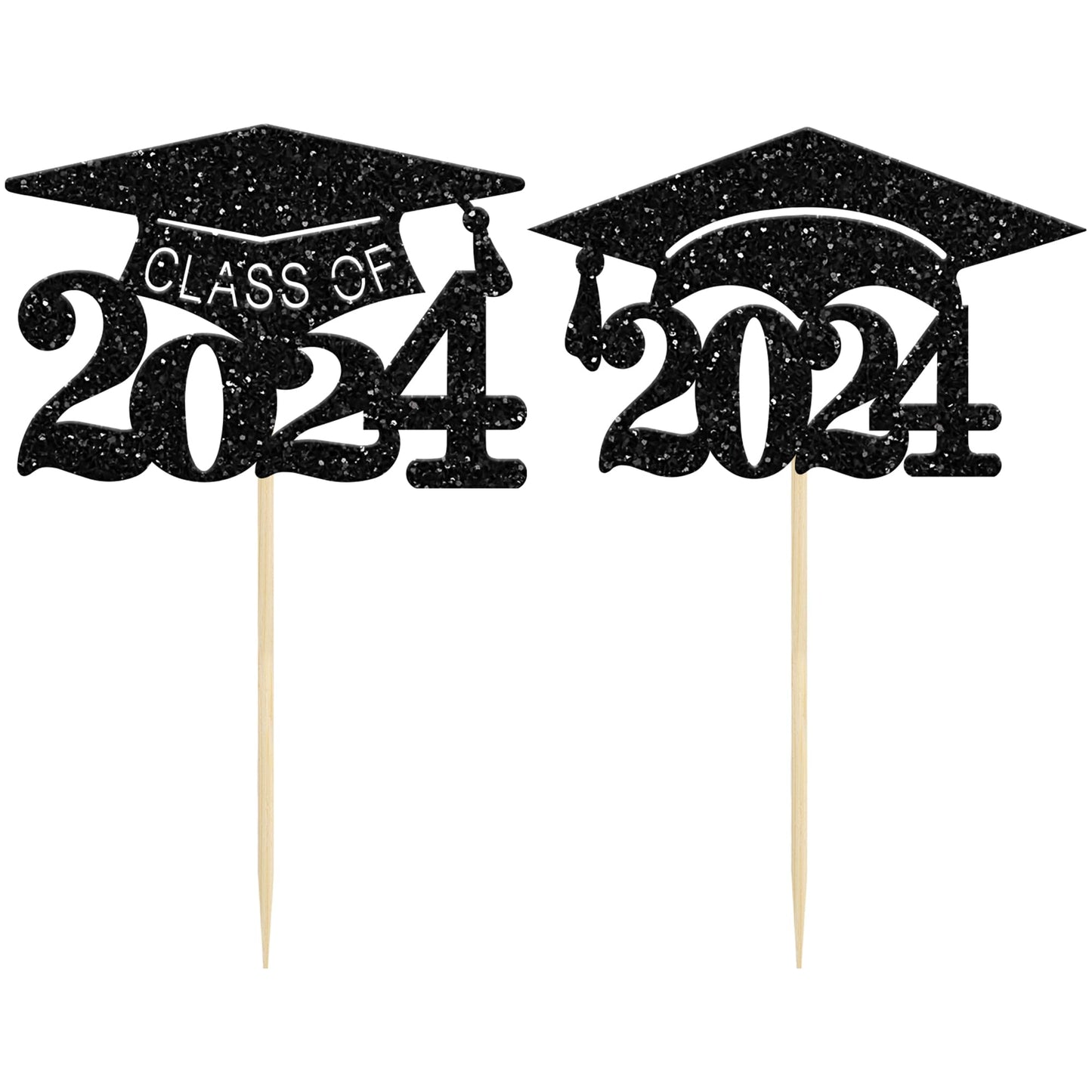 Gyufise 24Pcs Graduation Cap Cupcake Toppers Black Glitter Graduation 2024 Cake Decorations For 2024 Graduation Theme Party Cake