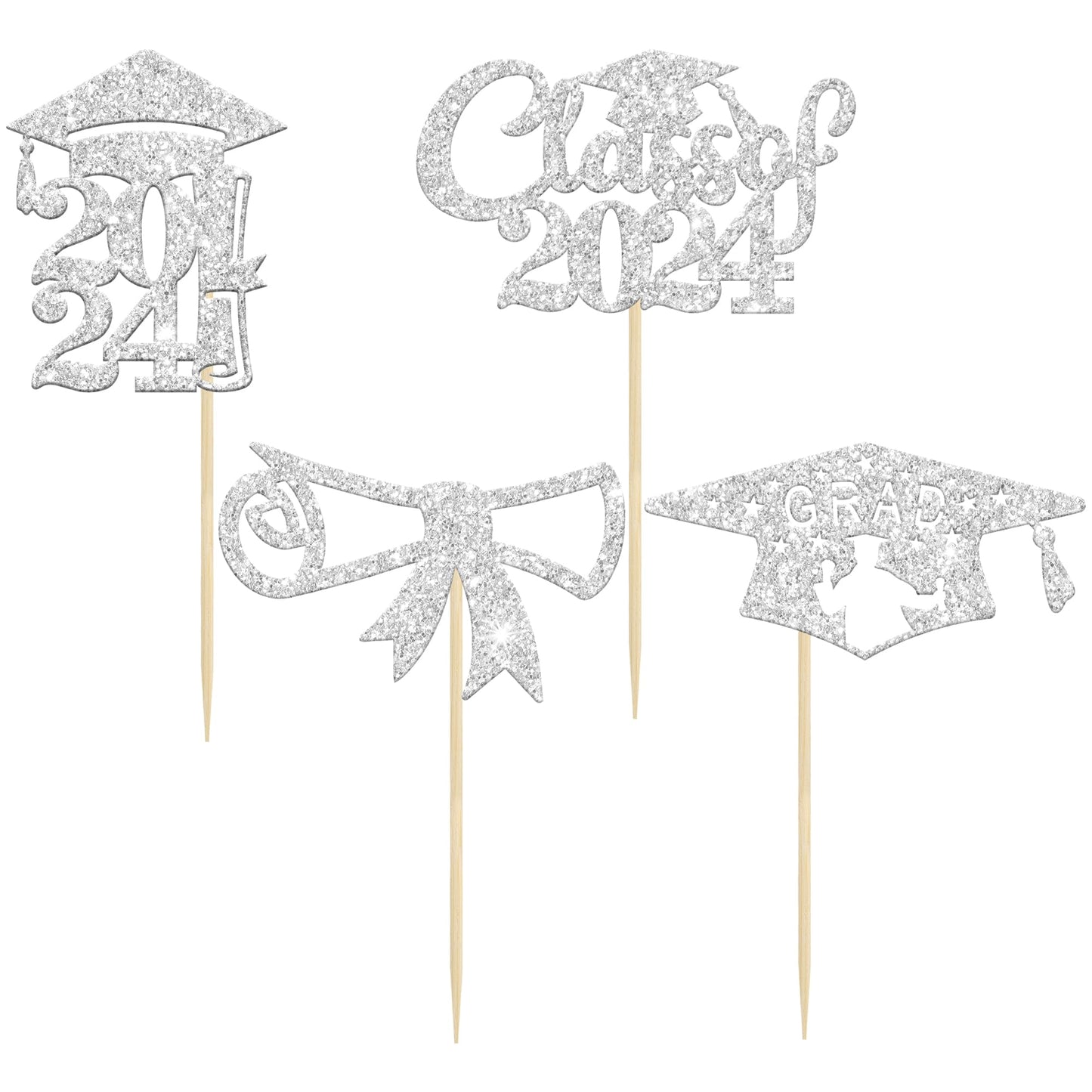Gyufise 24Pcs Silver Glitter 2024 Graduation Cupcake Toppers Diploma Congrats Grad Cap Diploma Cupcake Picks For Graduation Part