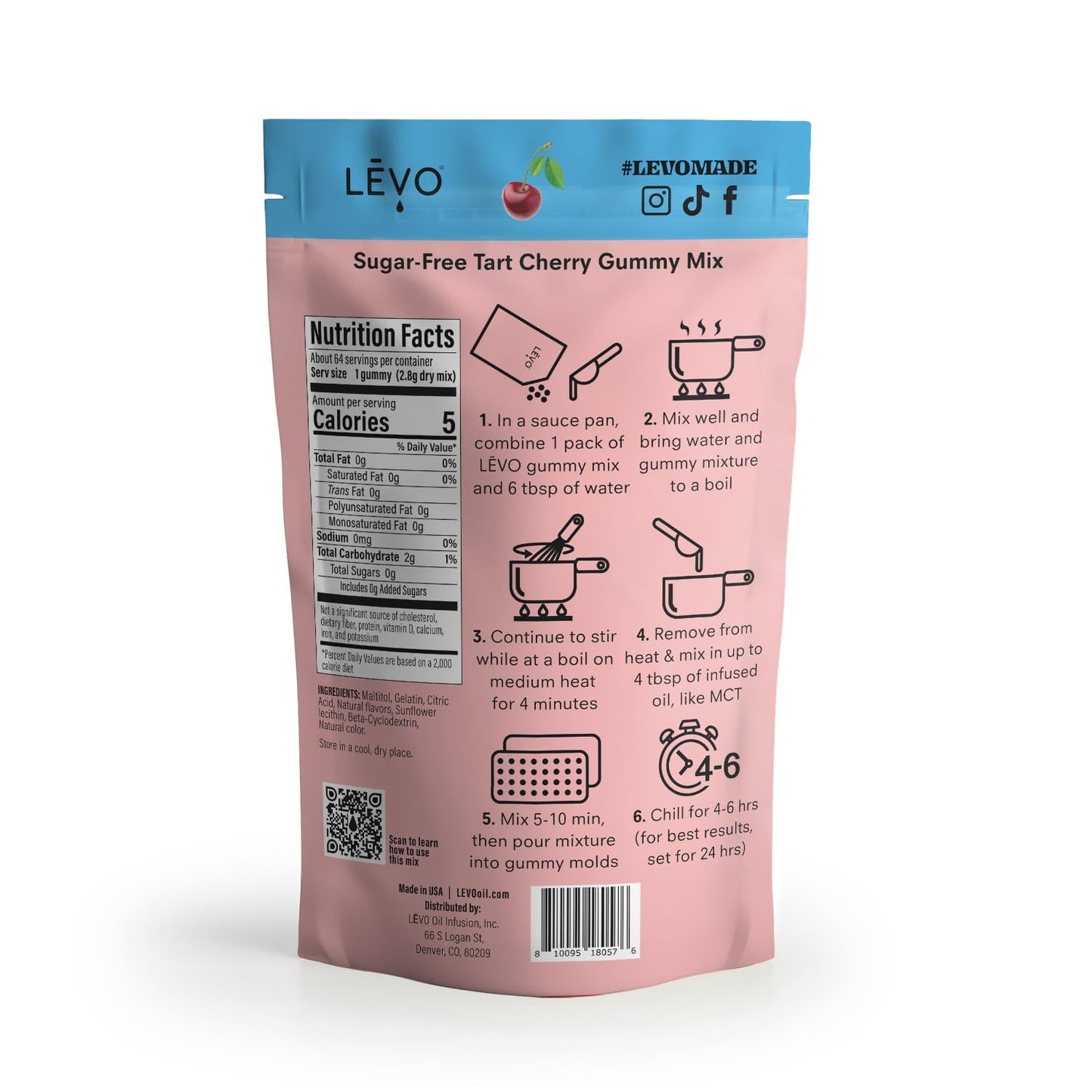 LEVO Gummy Mix - Sugar Free Tart Cherry - Makes 64 Gummies - 6.3 Ounce Pack