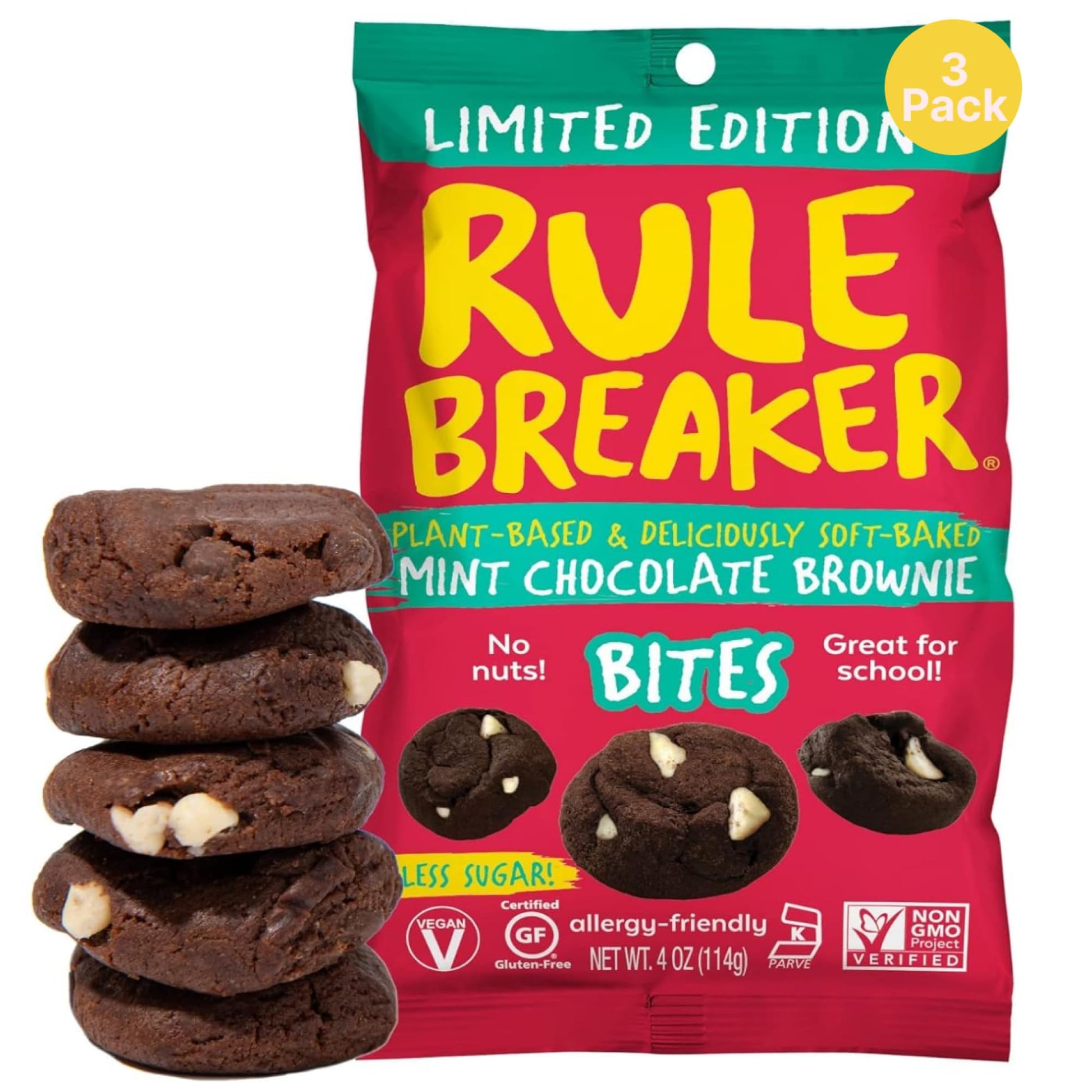 Rule Breaker Vegan & Gluten-Free Cookies | Mint Chocolate Brownie Bites |Plant-Based  Dairy  Nut  Soy  Allergen Free  Kosher | Soft-Baked School Snacks For Kids And 18+ Uses (Pack Of 3)