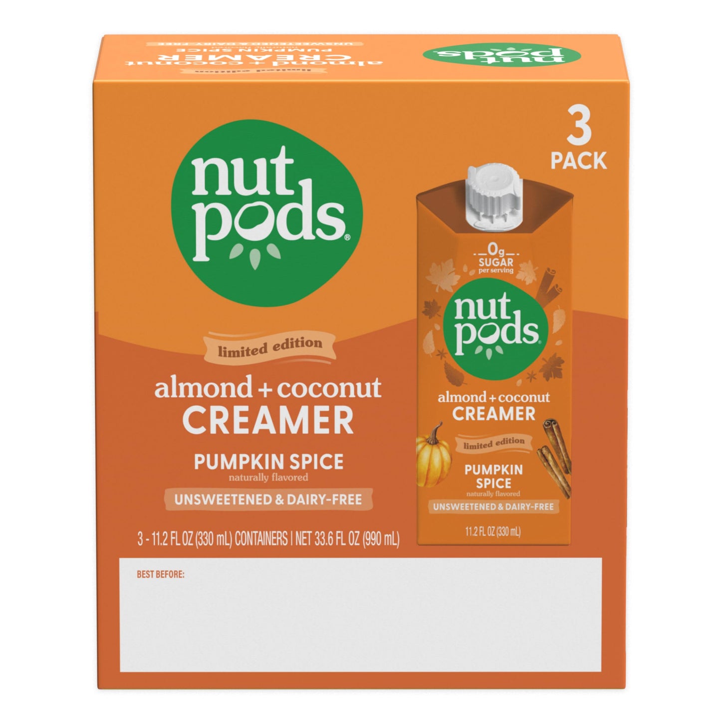 nutpods Pumpkin Spice Creamer - Unsweetened Dairy-Free, Vegan, 11.2 Fl Oz (Pack of 3), Gluten Free, Non-GMO, Kosher