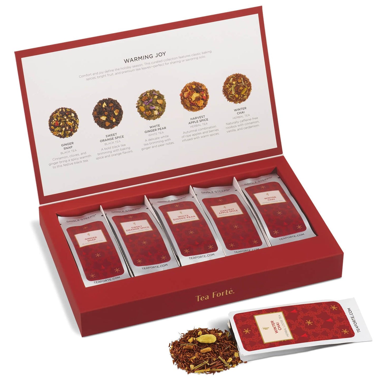 Tea Forte Warming Joy Hoilday enhanced Single Steeps Loose Leaf Tea Gift Set Sampler  15 Count 3 of Each Assorted Blends  Pre-Portioned Single Serve Pouches  Steeps 12 oz