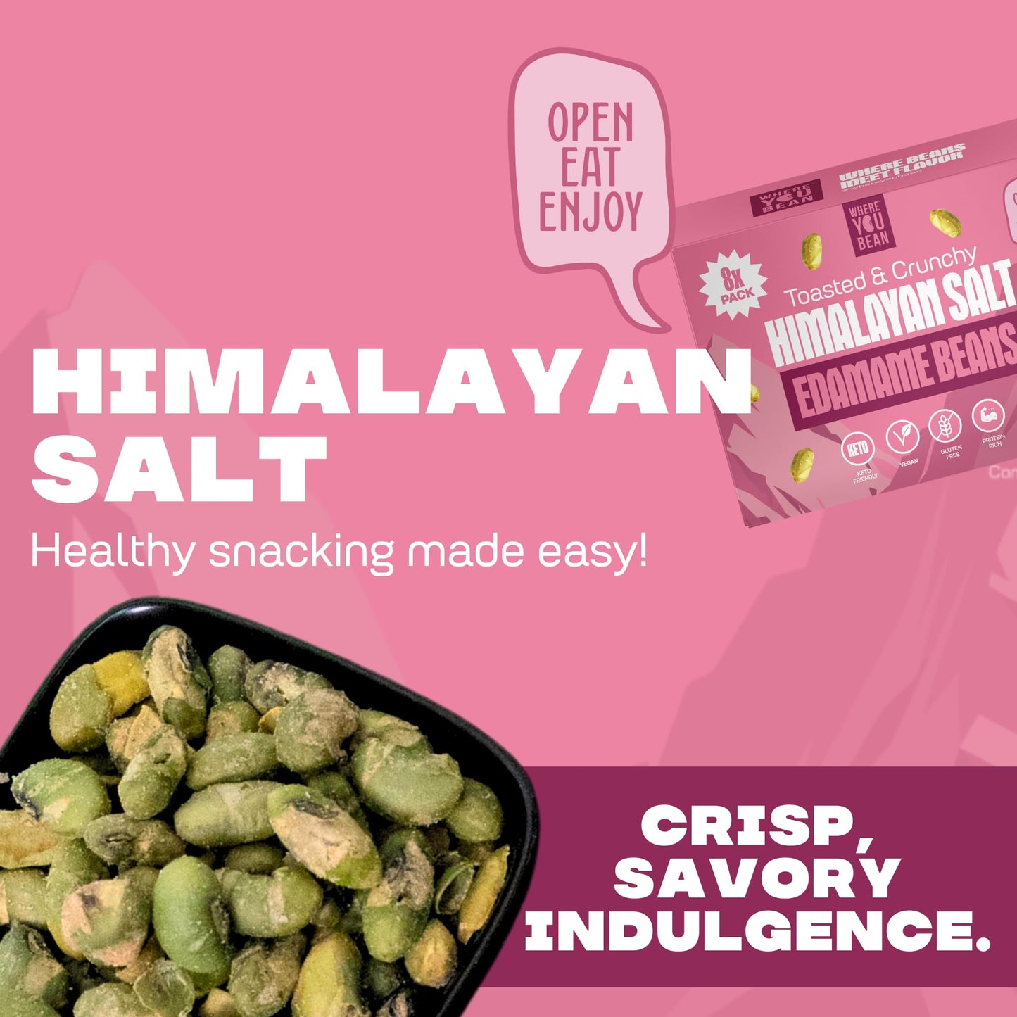 Where You Bean Edamame Beans Snack (Himalayan Salt) - Crunchy and Dry Roasted Edamame Beans - High Protein Snacks, Keto and Vega