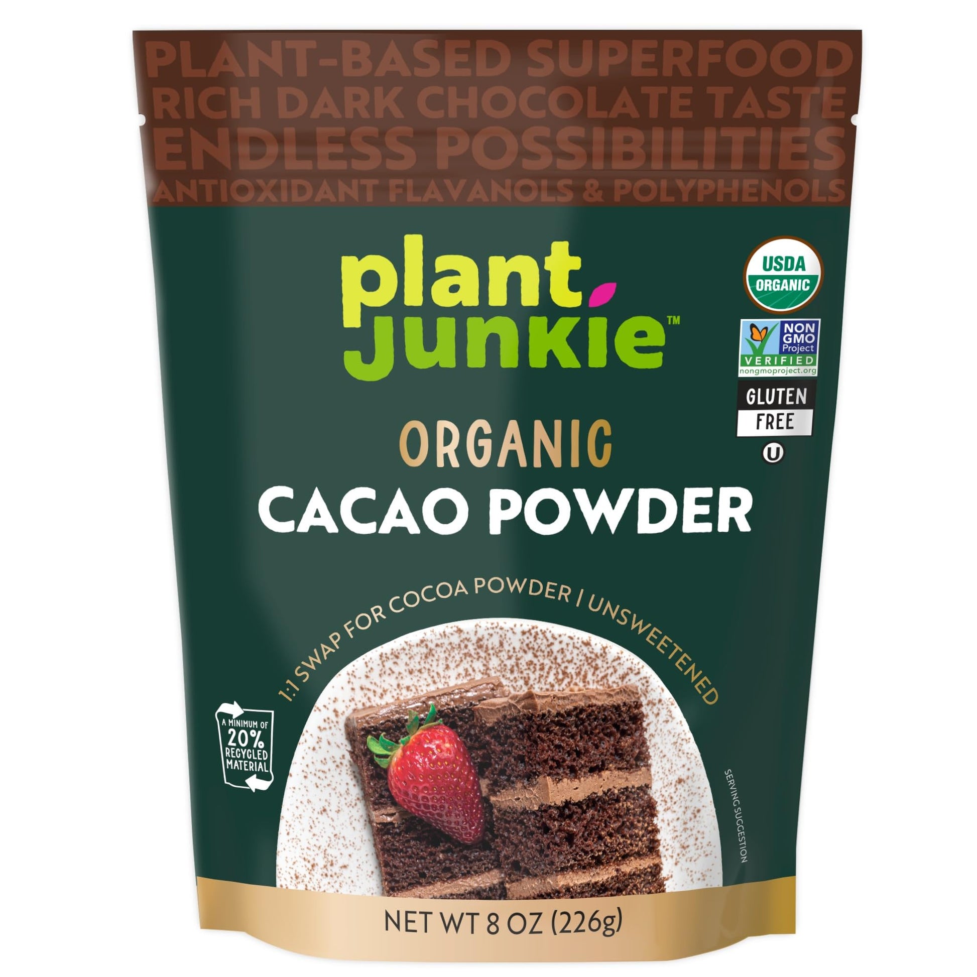 Plant Junkie Organic Cacao Powder - Unsweetened Dark Chocolate, 8 oz, Non-GMO, Gluten Free, Kosher