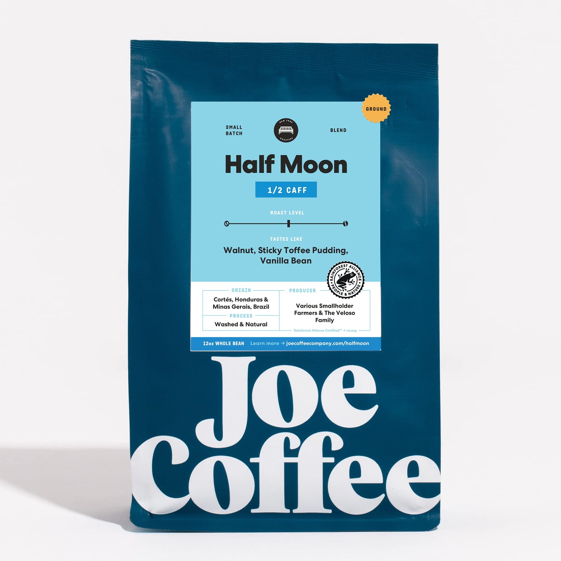 JOE COFFEE COMPANY Half Moon Half Caffeinated Ground Coffee, 12 oz Bag, Rainforest Alliance Certified, Kosher, Climate Friendly