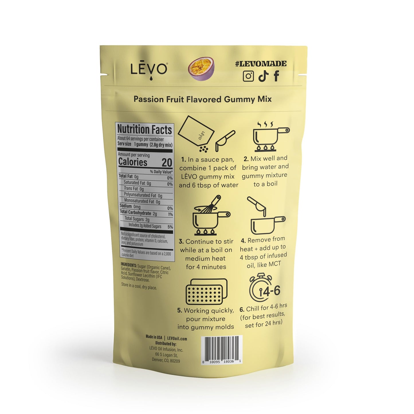 LEVO Gummy Mix - Passion Fruit - Makes 64 Gummies - 6.3 Ounce Pack
