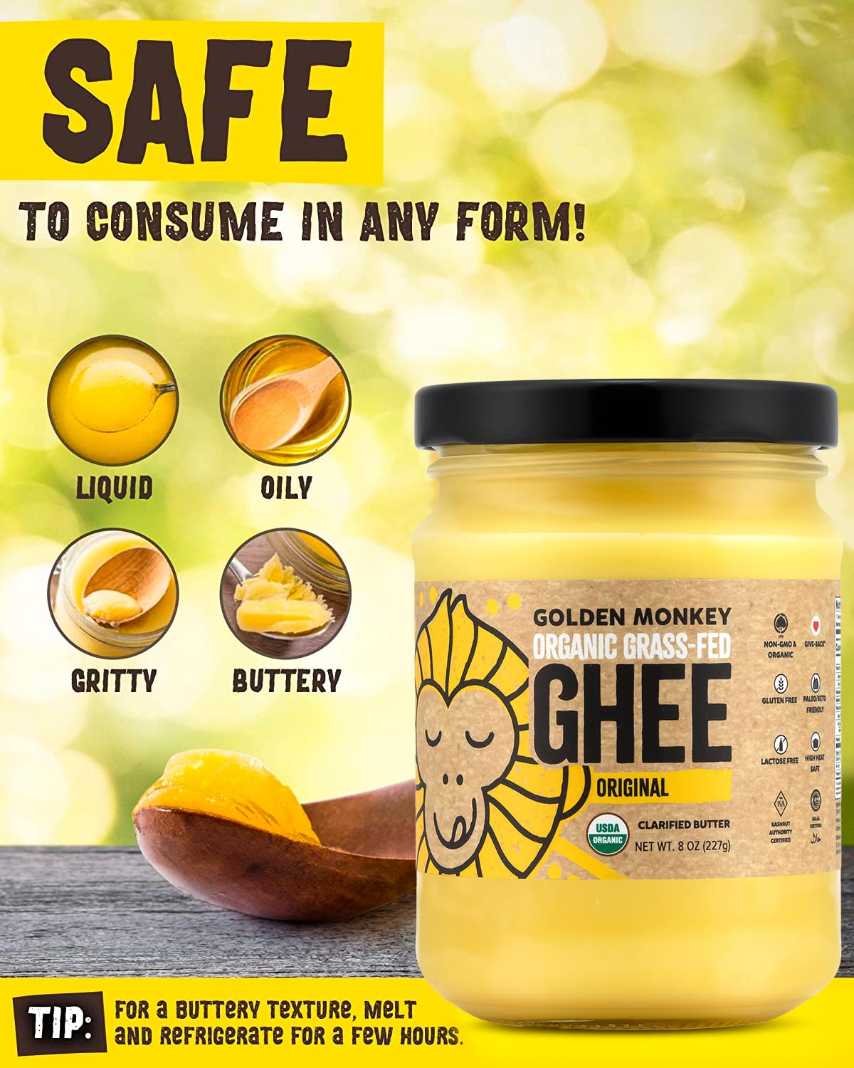 Golden Monkey Grass Fed Ghee Clarified Butter For Energy, Gut, And Immune Health Support - Organic Ghee Butter For Spread, Cooki