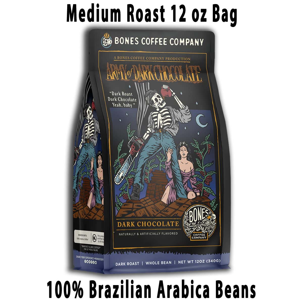 Bones Coffee Company Army Of Dark Chocolate Whole Coffee Beans, Dark Chocolate Flavor Low Acid Flavored Coffee, Made with Arabic