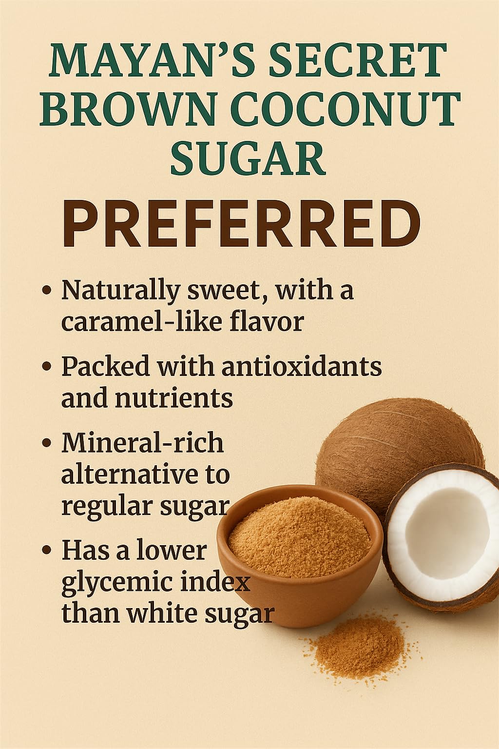 Mayan s Secret 2 lbs USDA Certified Brown Coconut Sugar Organic for Baking - Low Glycemic | Unrefined | Trace Minerals (1 Pound