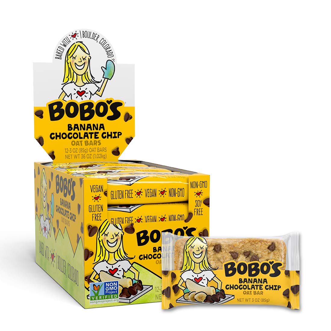 Bobos Oatmeal Bars, Banana Chocolate Chip, Gluten Free Vegan, Pack of 12, 3 Ounce
