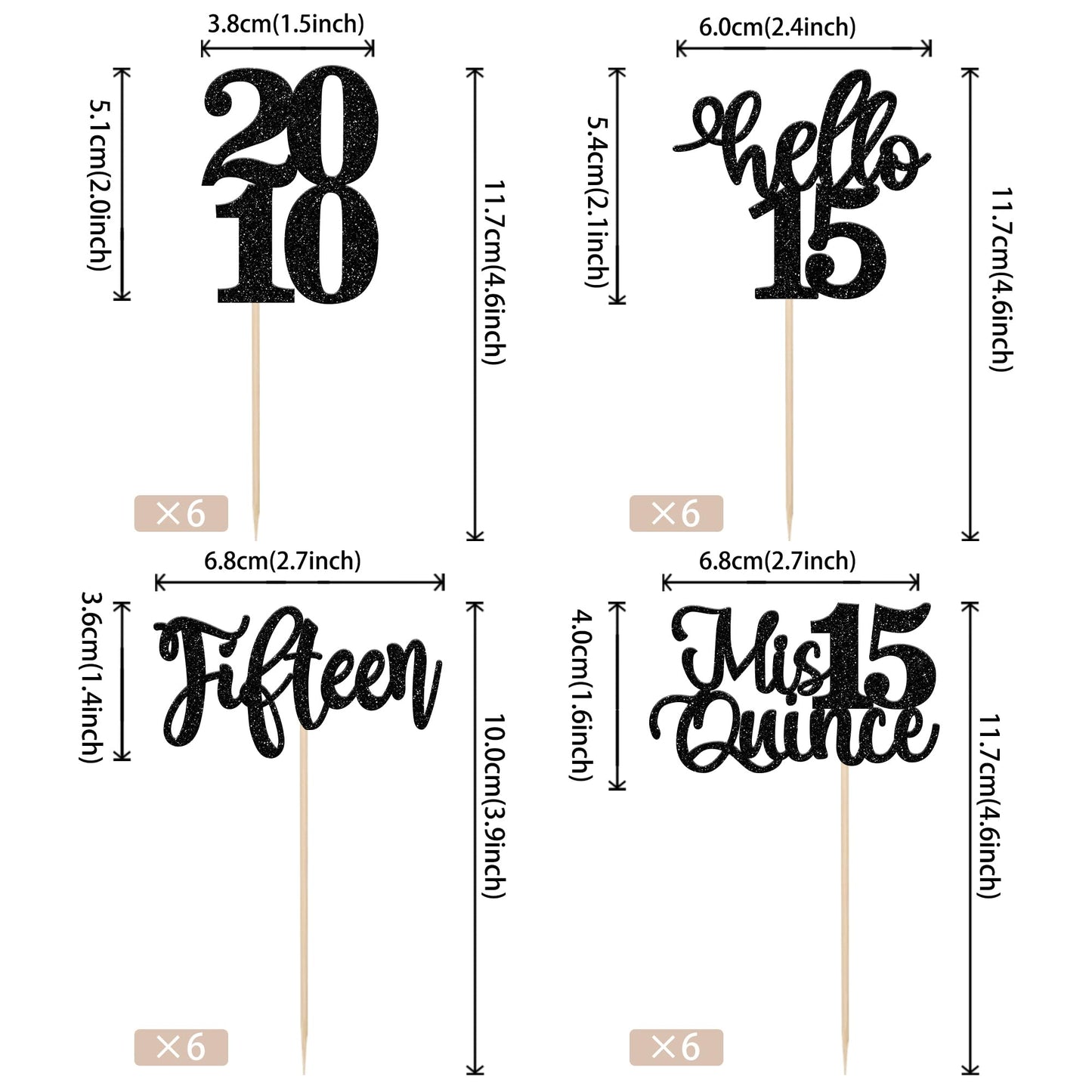 24 Pcs Black 15Th Birthday Cupcake Toppers Glitter Hello 15 Cupcake Topper Mis Quince Fifteen Since 2008 Cupcake Picks For Happy