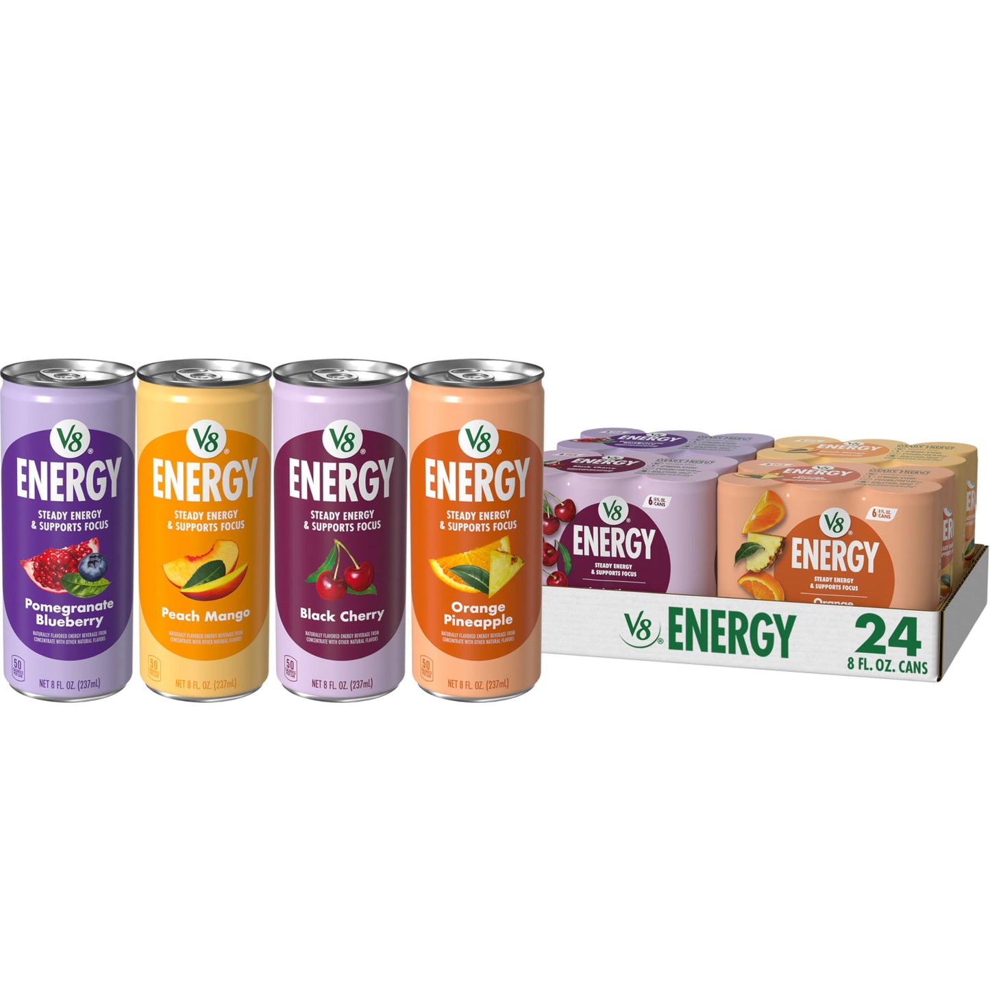 V8 Energy Drink Variety Pack, 4 Flavors, 8 Fl Oz Can, Case of 24, Model 200000027235