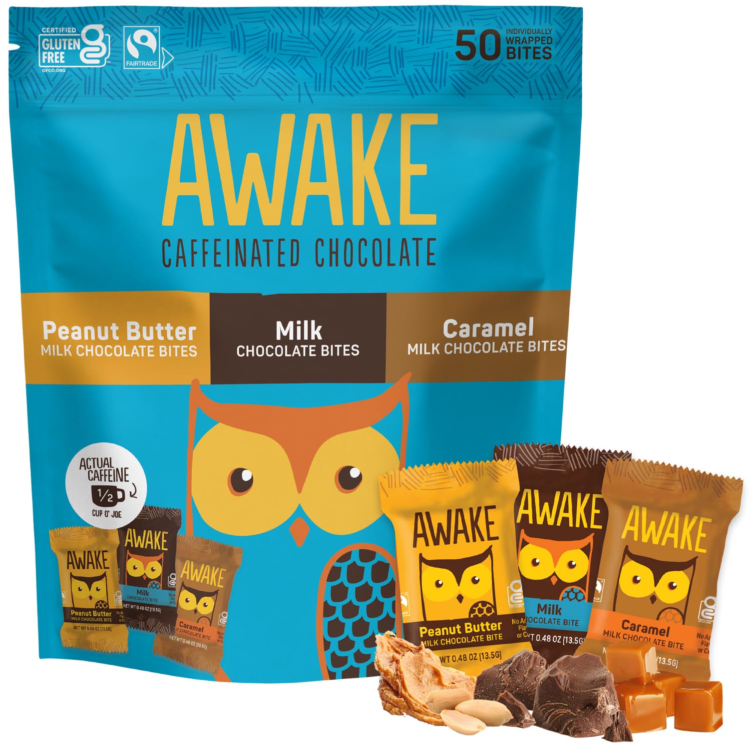 AWAKE Caffeinated Chocolate Bites - Variety Pack (50mg Caffeine) - 50 Count - Gluten Free, Non GMO - Peanut Butter, Milk, & Caramel