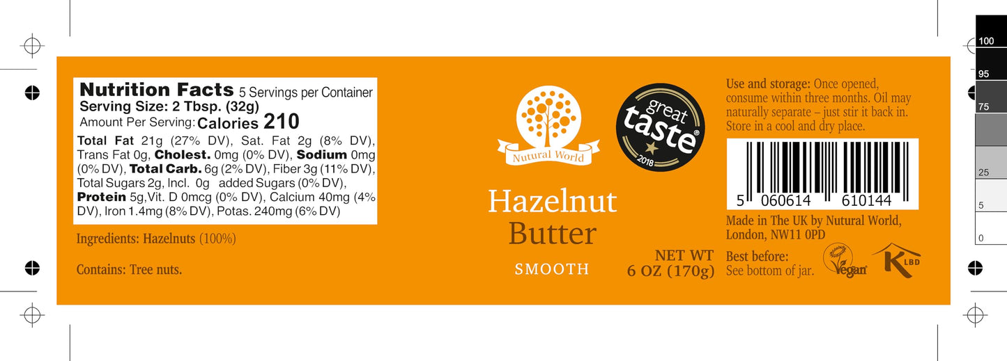 Nutural World - Smooth Hazelnut butter 6 Oz (170g) - 100% Pure/Single Ingredient - Great Taste Award winner