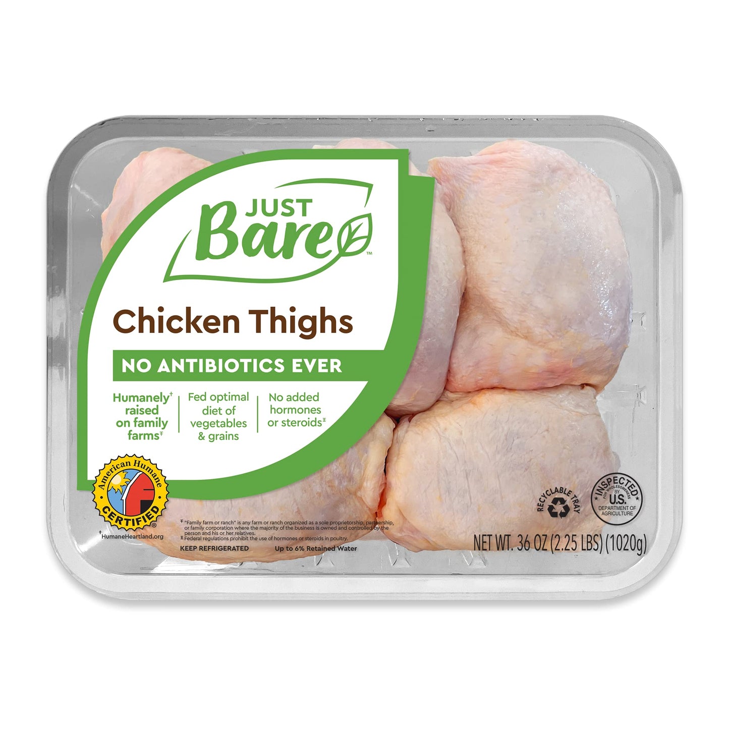 Just Bare All Natural Fresh Chicken Thighs | Family Pack | No Antibiotics Ever | Bone-In | 2.25 LB