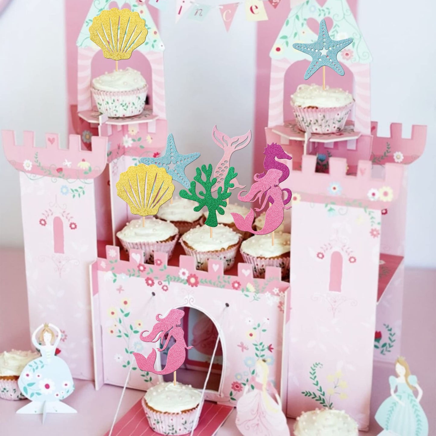 24 Pcs Glitter Mermaid Cupcake Toppers With Seahorse Shell Mermaid Tail Star Seaweed Baby Shower Cupcake Picks For Under The Sea