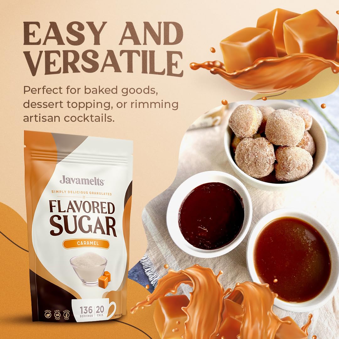 JAVAMELTS Caramel Flavored Sugar | Pure Cane Sugar | Non-GMO, Gluten-Free | 24 Ounce Bag | Brown