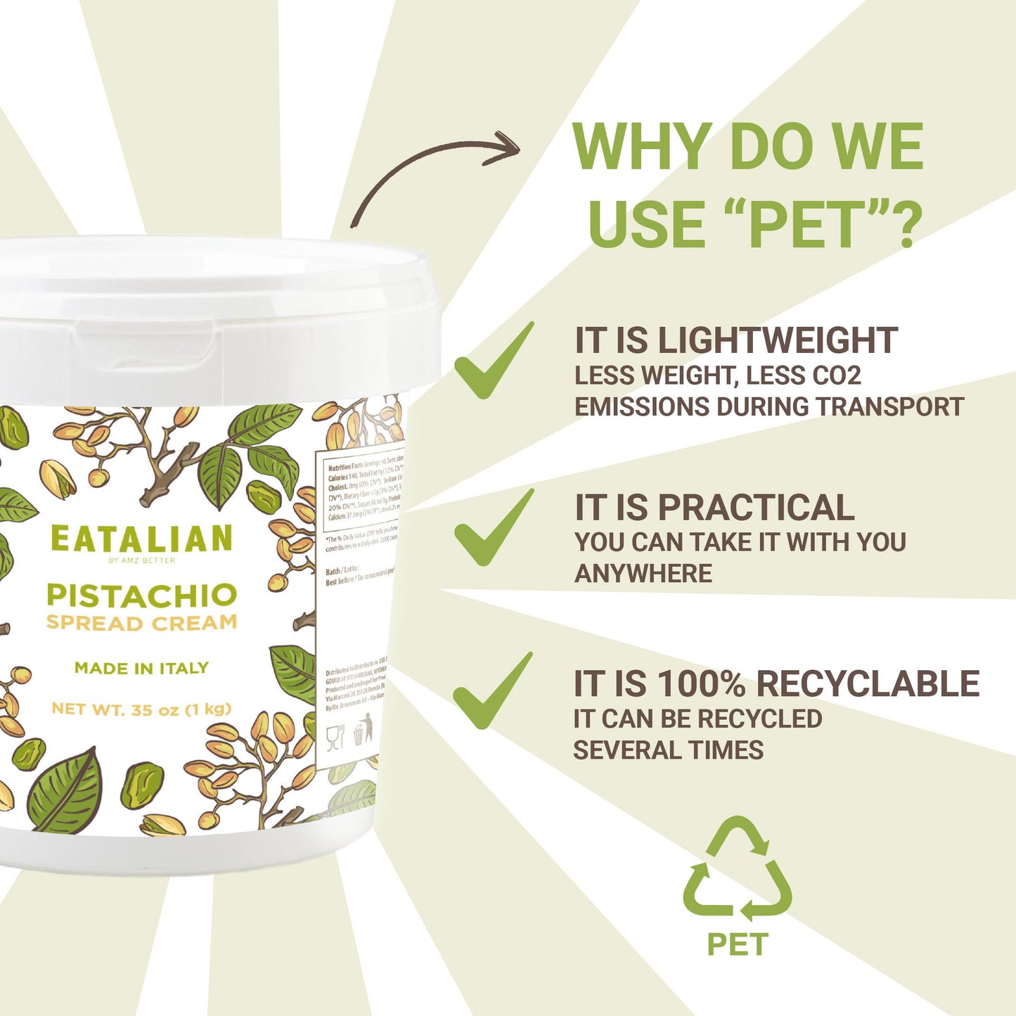 EATALIAN by AMZ BETTER Pistachio Cream, 35,27oz/1000 g, Delicious Spreadable with a Sweet and Unique Taste, Ideal on Bread and w