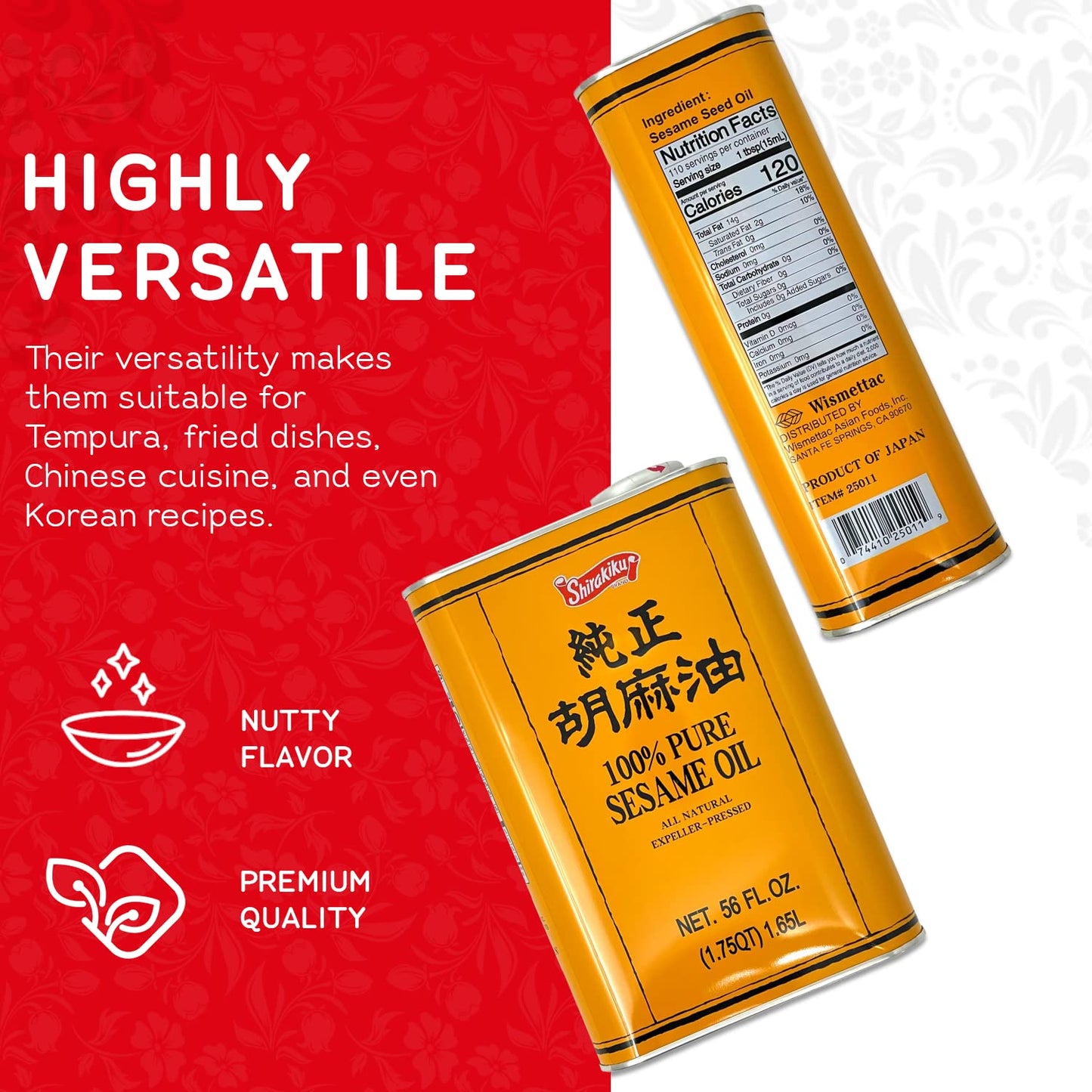 Shirakiku Pure Japanese Sesame Seed Oil - Premium, Low Carb, Expeller Pressed And Rich Flavor Natural Sesame Seed Oil - Perfect For Authentic Oriental Asian Cuisine (Toasted) - 56 Fl Oz
