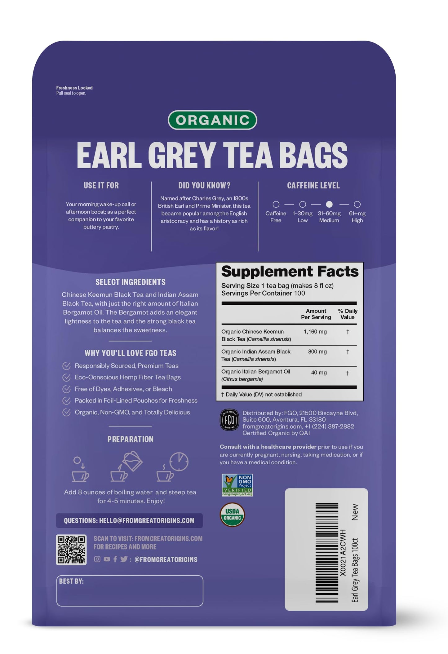 Fgo Organic Earl Grey Black Tea, Eco-Conscious Tea Bags, 100 Count, Packaging May Vary (Pack Of 1)