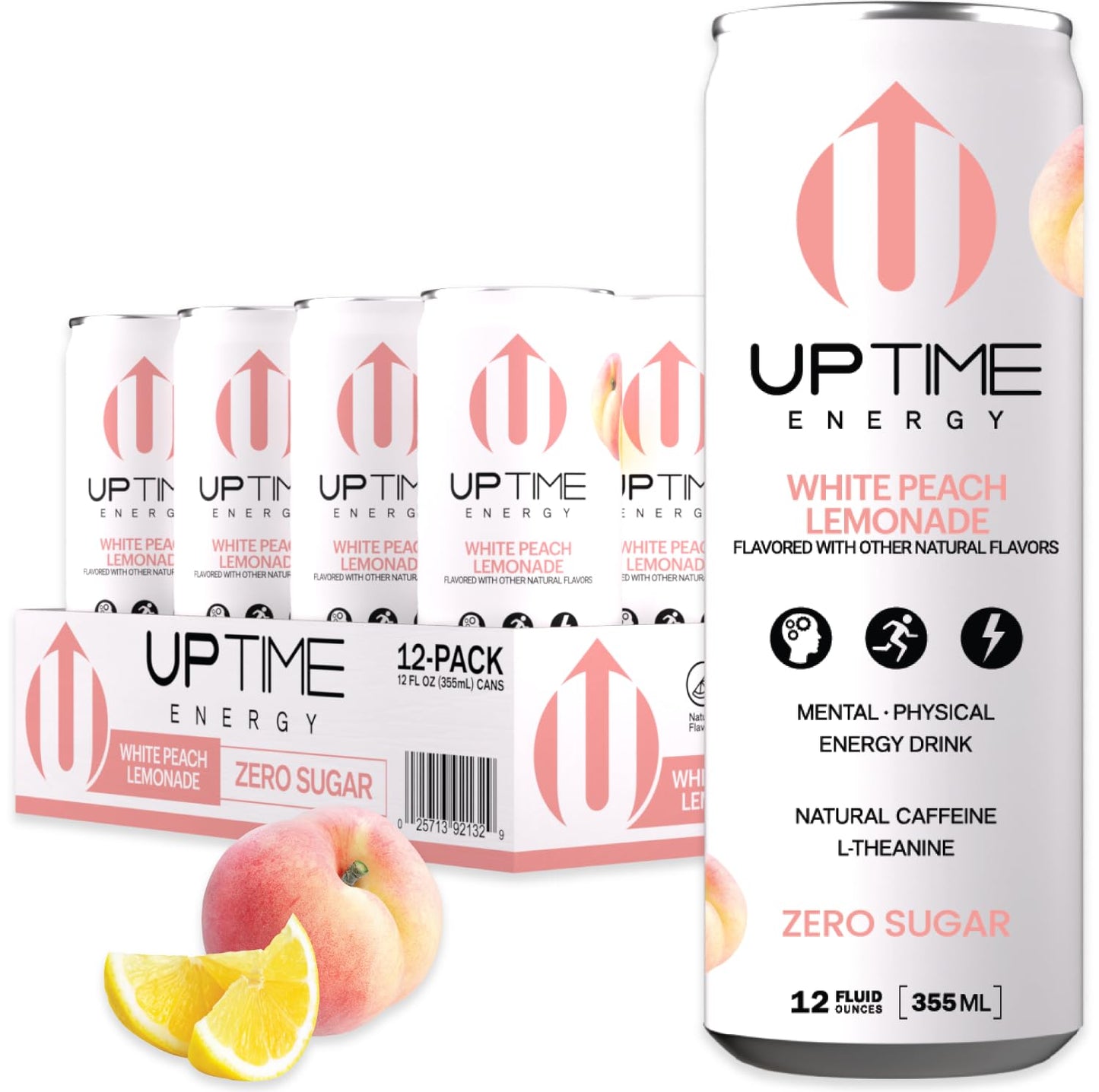 UPTIME Energy Drink  White Peach Lemonade Sparkling  12 Pack  Vitamin C  L Theanine  Calcium  Sugar Free Energy Drinks for Focus Support  142mg of Natural Caffeine  5 Calories  Clean  12 fl oz Cans