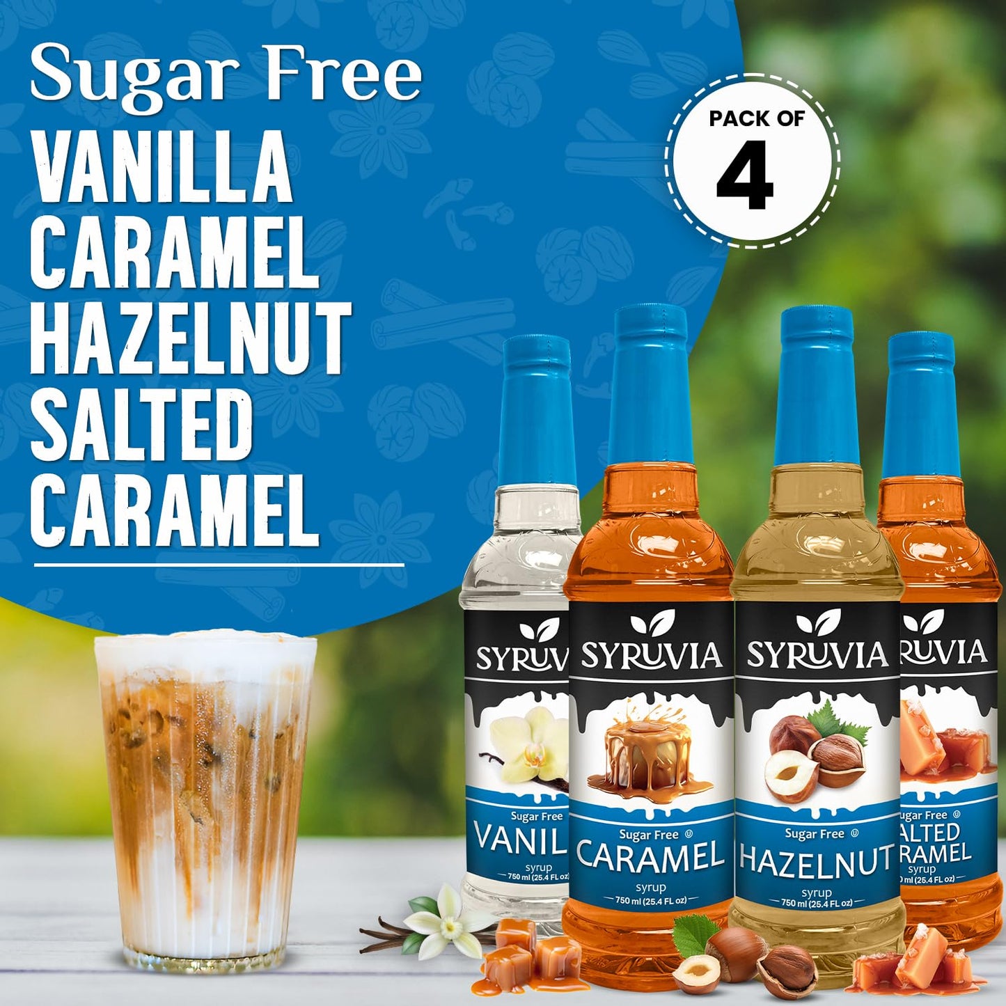 Syruvia Coffee Syrup Variety Pack Sugar Free Vanilla  Caramel  Hazelnut & Salted Caramel Kosher  25.4 fl oz bottles - Elevate Your Coffee Experience!