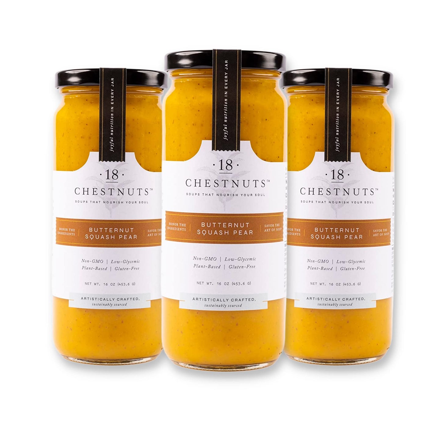 18 Chestnuts Plant Based Soup - Butternut Squash Pear Soup Bundle, Plant Based & Gluten Free - 3 Jar Pack (16oz)