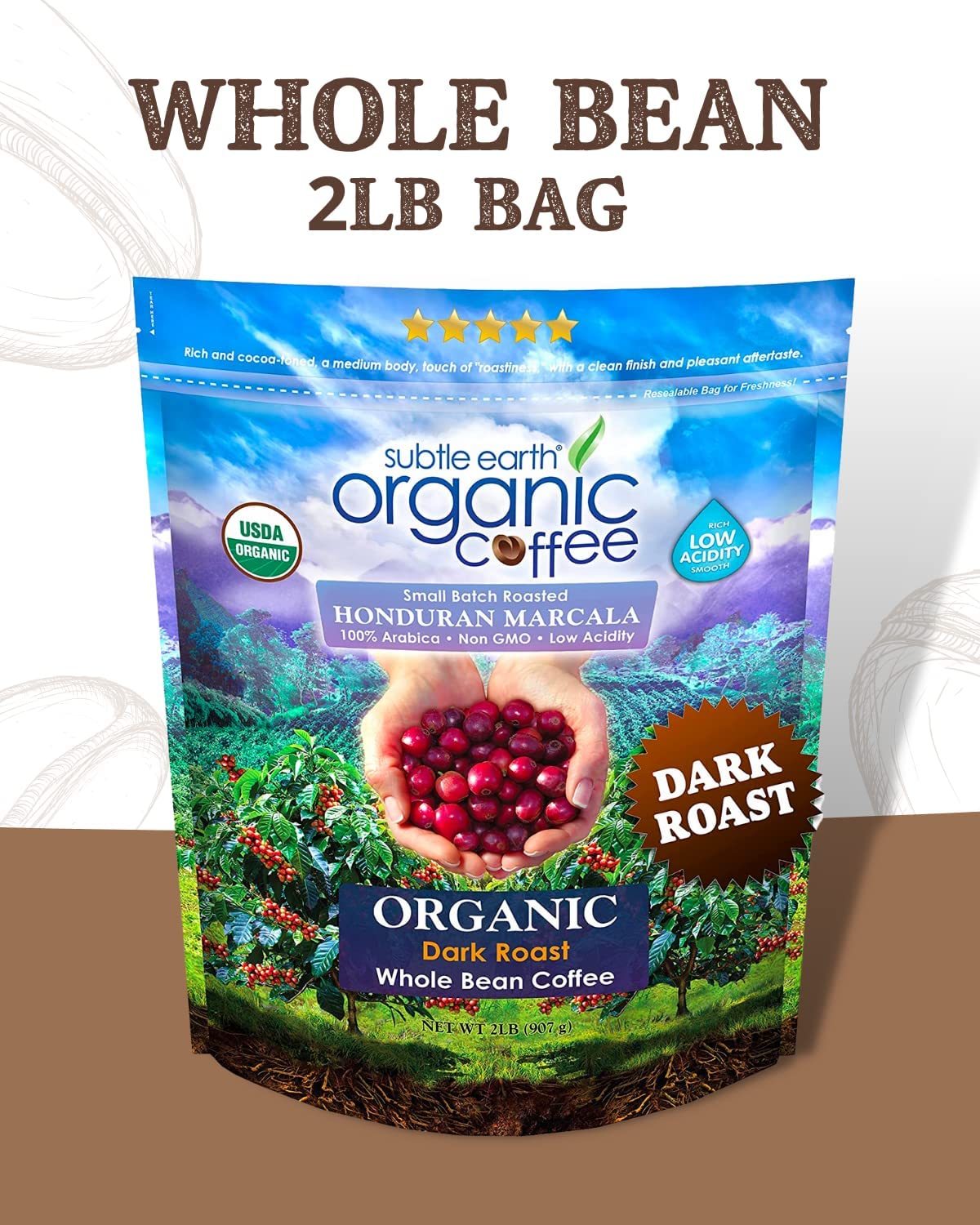 Subtle Earth Organic Coffee - Dark Roast - Whole Bean Coffee - 100% Arabica Beans - Low Acidity and Non-GMO - 2lb bag