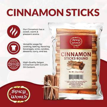 Spicy World Cinnamon Sticks 3.5 Ounce Bag - Perfect for Baking, Cooking & Beverages - 3+ Inches Length - Cassia Saigon Cinnamon